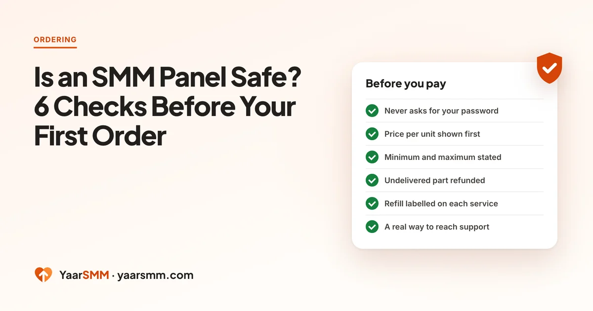 Illustration of a six-point checklist to run before paying an SMM panel