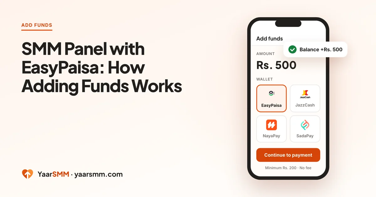 Illustration of the Add funds screen with EasyPaisa selected and Rs. 500 credited